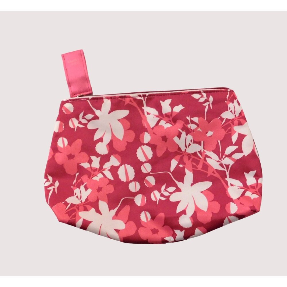 Estee Lauder Floral Cosmetic Bag Pink White Zip Closure Ribbon Zipper Pull
